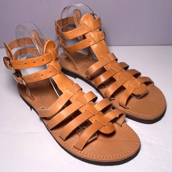 Made In Greece Shoes - Womens Leather Gladiator Sandals With Buckle Strap Tan Boho Hippie Picnic